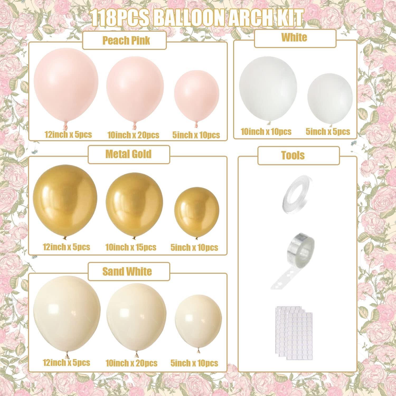 Balloon Arch Kit Pink Gold, 118PCS Peach Pink White Gold Party Decorations Balloon Garland Kit Pink Sand White Latex Balloons for Girls Women Birthday, Baby Showers, Wedding, Engagement, Bridal Shower