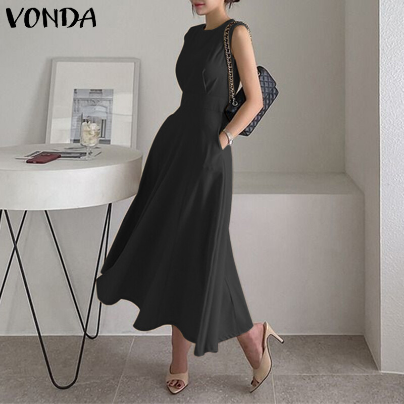 Forevercan VONDA Women Temperament Crew Neck Sleeveless Side Pockets Dress Elegant Solid Long Dresses