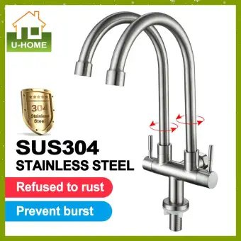 Stainless Steel Sus 304 Kitchen Faucet Double Twin Wall Sink Tap
