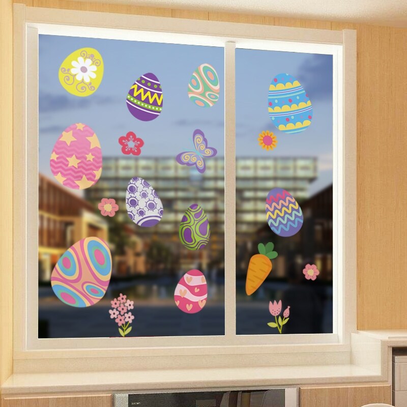 【HOT】 Happy Easter Window Stickers Rabbit Eggs Chick Wall Stickers Easter Decorations for Home 2022 Easter PartyWall Decals