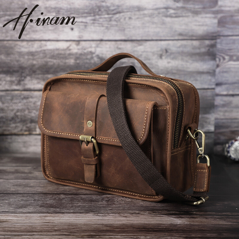 Genuine Leather Men Small Sling Shoulder Bags Retro Crazy Horse Leather Crossbody Messenger Bags Male Travel Bags for 7.9 iPad Mini