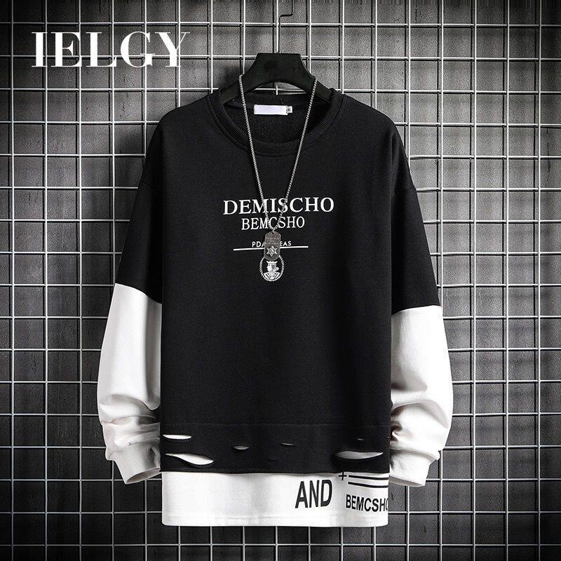 IELGY Autumn Round Neck Long Sleeve Korean Trend Loose Hole Top Bottom Shirt Thin Sweater Men's Clothing