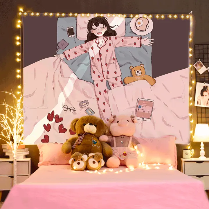 Sleeping Girl Anime Kawaii Tapestry Aesthetic Wall Hanging Room Decor Pink Hanging Cloth Wall Decor Wall