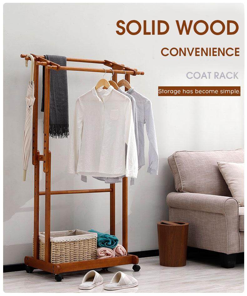 Solid wood clothes and hats rack landing lichen rack two-pole movable storage rack bedroom living room hanger