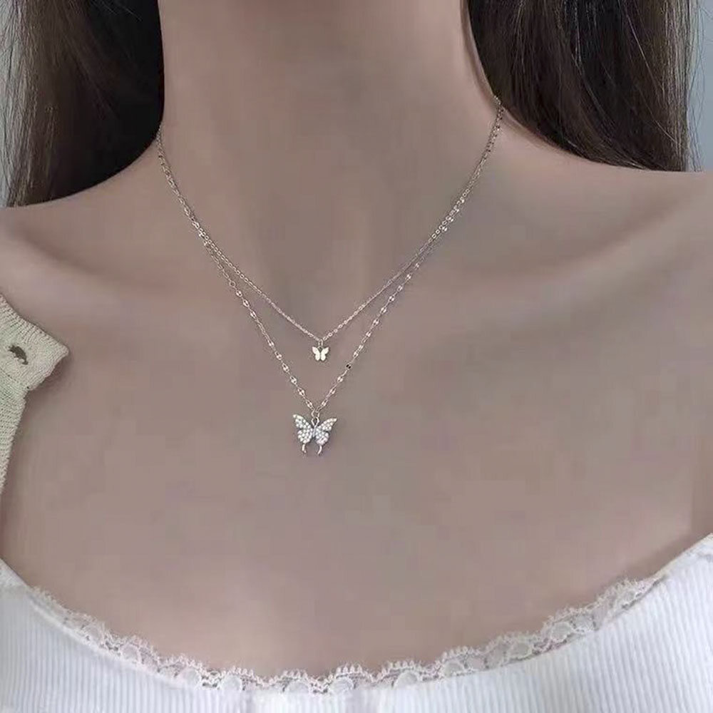 YWZY Double-layer Butterfly Necklace Flashing Diamond All-match New Trendy Necklace