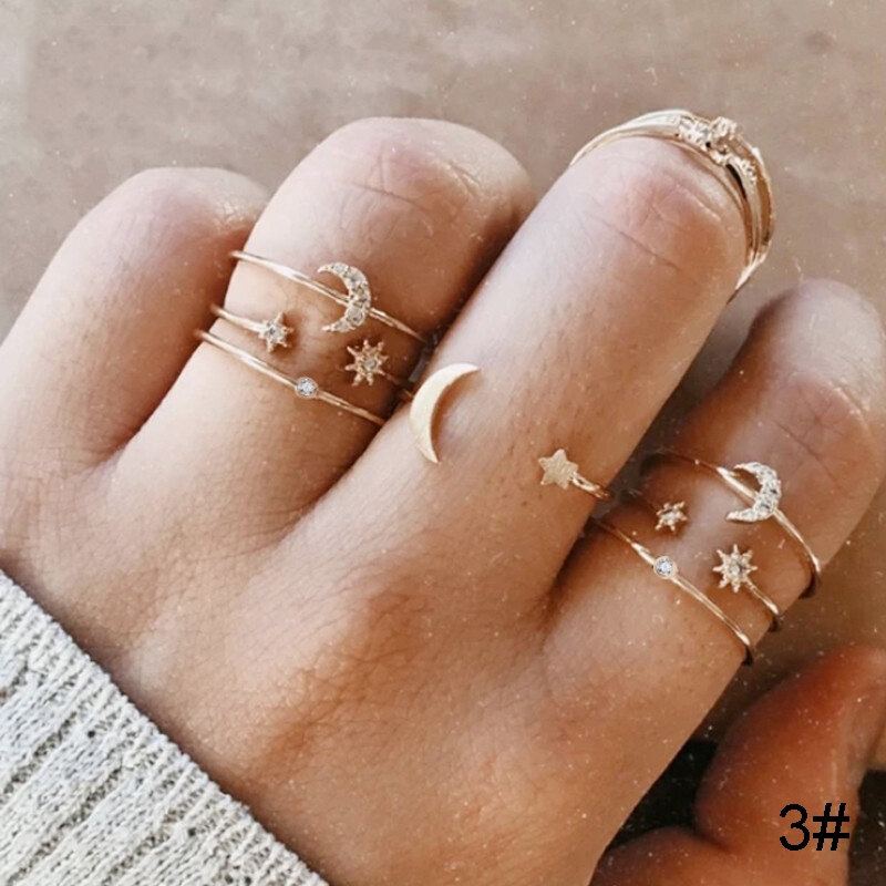17KM Vintage Gold Crystal Open Ring Set Bohemian Moon Star Ring Female Finger Ring Wedding Jewelry Gift