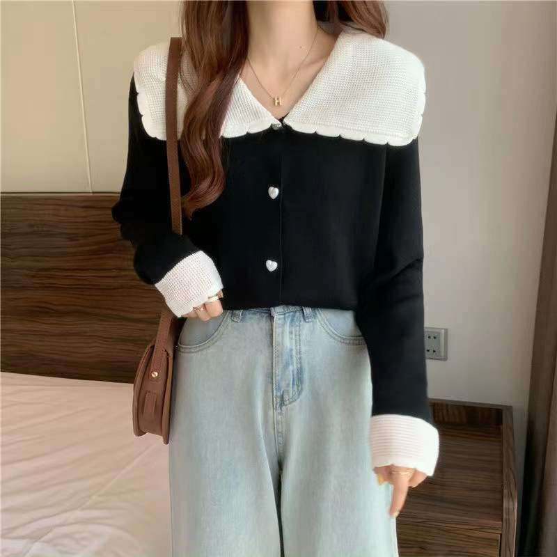 Women Lapel Knitted Shirt Sweet Long Sleeves Single-breasted Cardigan Tops Trendy Contrast Color Small Jacket