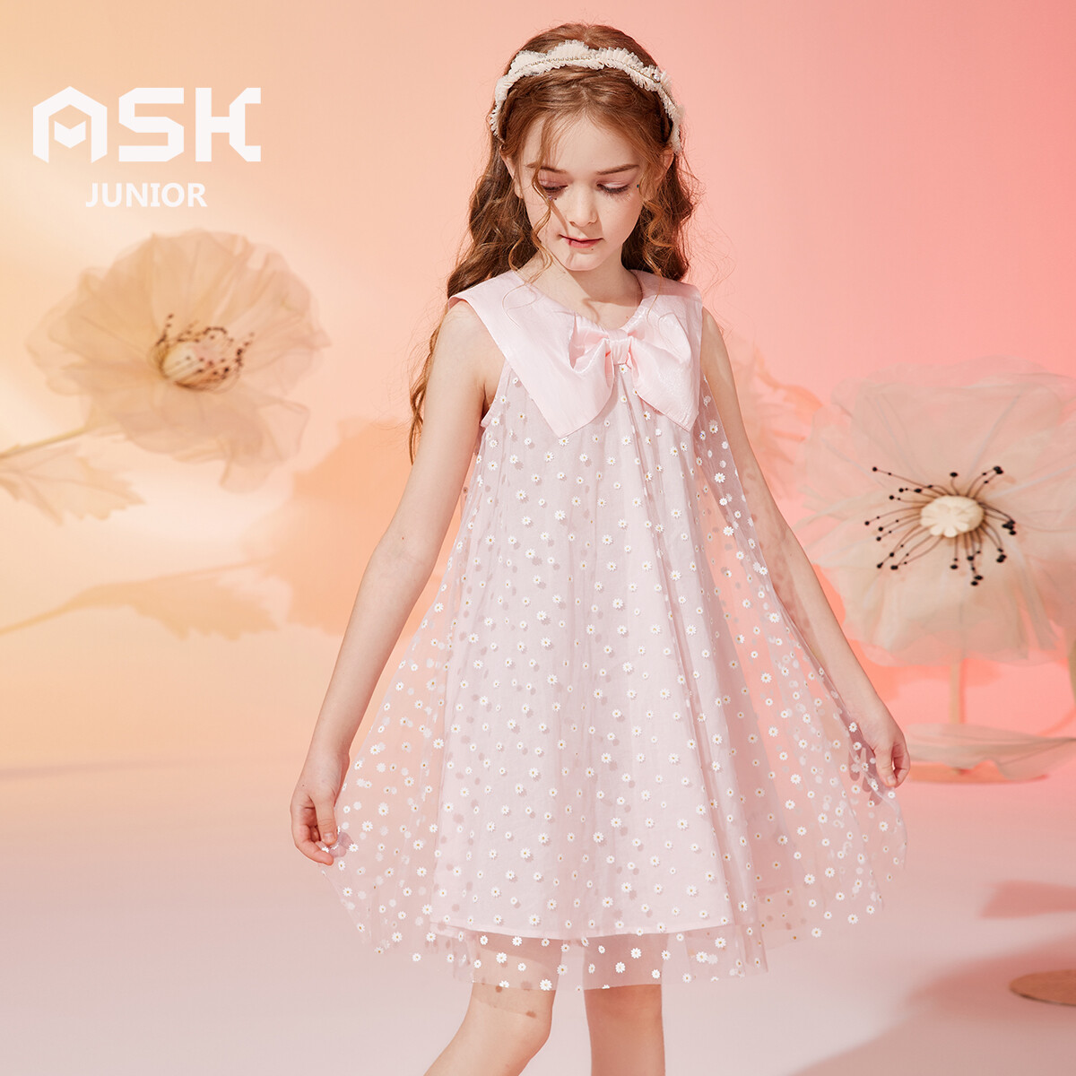 Ask junior girls 4-15 years old fashion polka dot full print gauze dress with bow collar princess dress