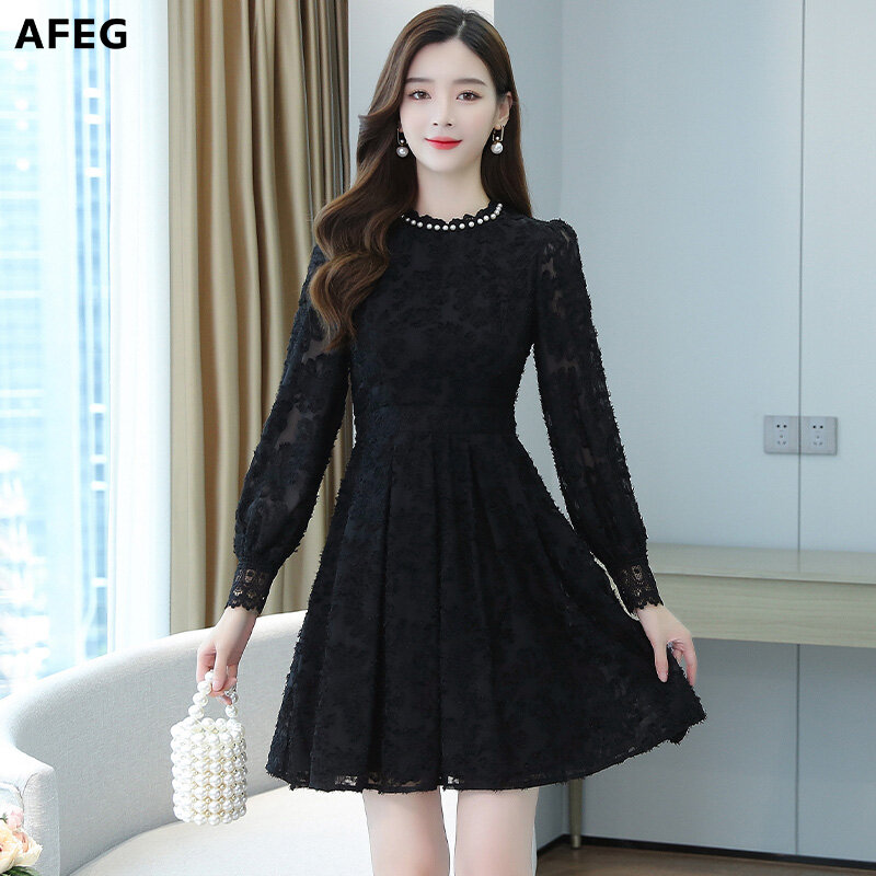 AFEG new Korean women's long-sleeved lace elegant dress