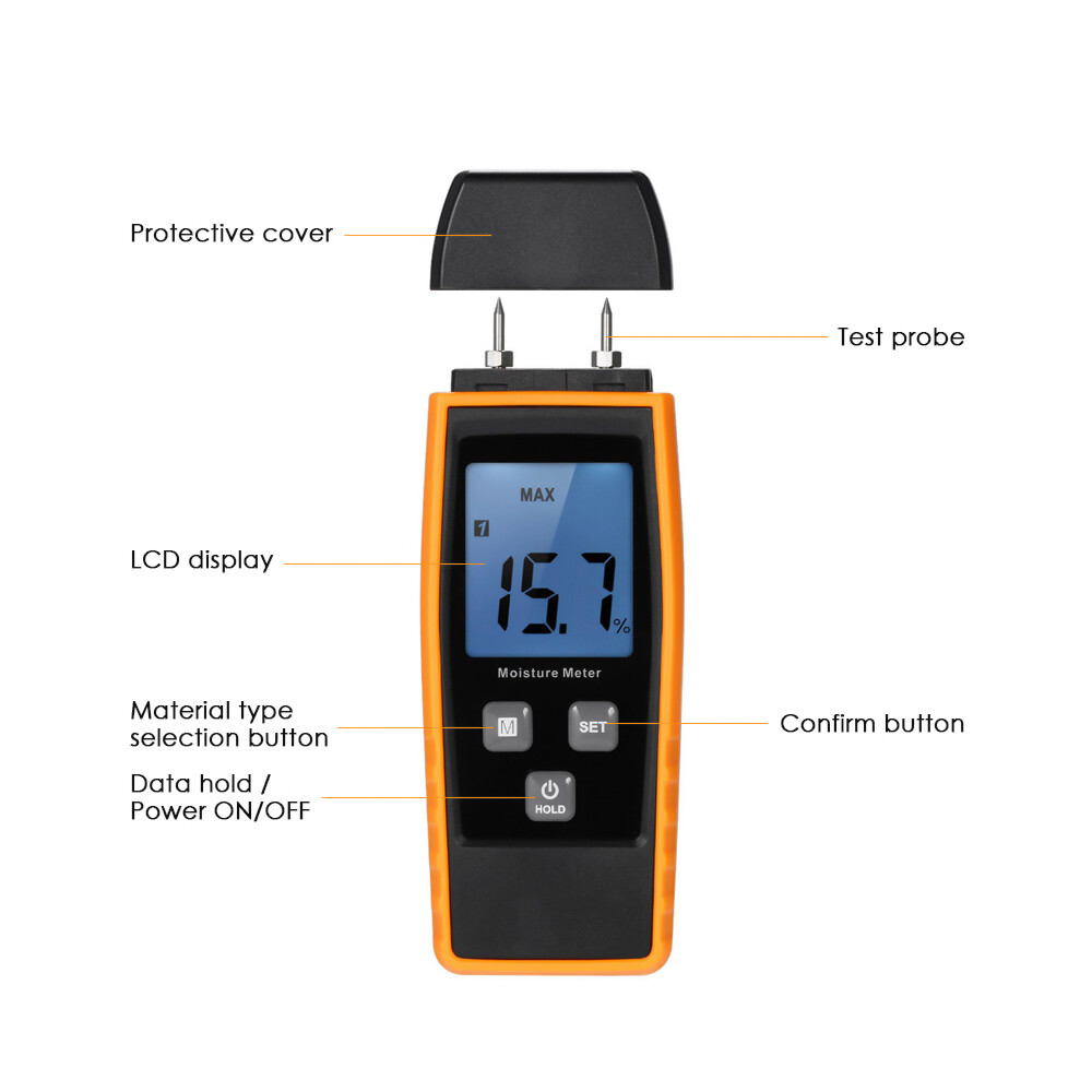 Handheld Mini Moisture Meter Digital LCD Lumber Damp Meter Wood Moisture Detector Humidity Tester for Timber Wood Drywall Plants Sheetrock Brick Mortar Concrete with 2 Pin Probe Range 0%~80%