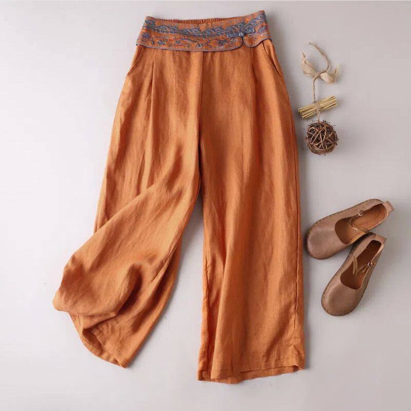 Cotton Women's Pants New Korean Version of The Fashion Embroidery Stretch High-waisted Wide Leg Pants