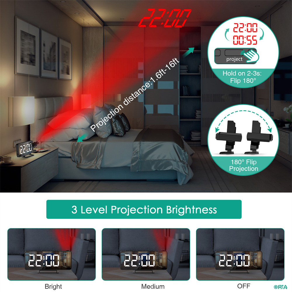 【Upgraded】ORIA Projection Alarm Clock for Bedroom Dual Digital Clock Adjustable Brightness 7.5" Large Screen 12/24H Format Desk Clock with 180° Projector Snooze Function for Office Home Elders Senior