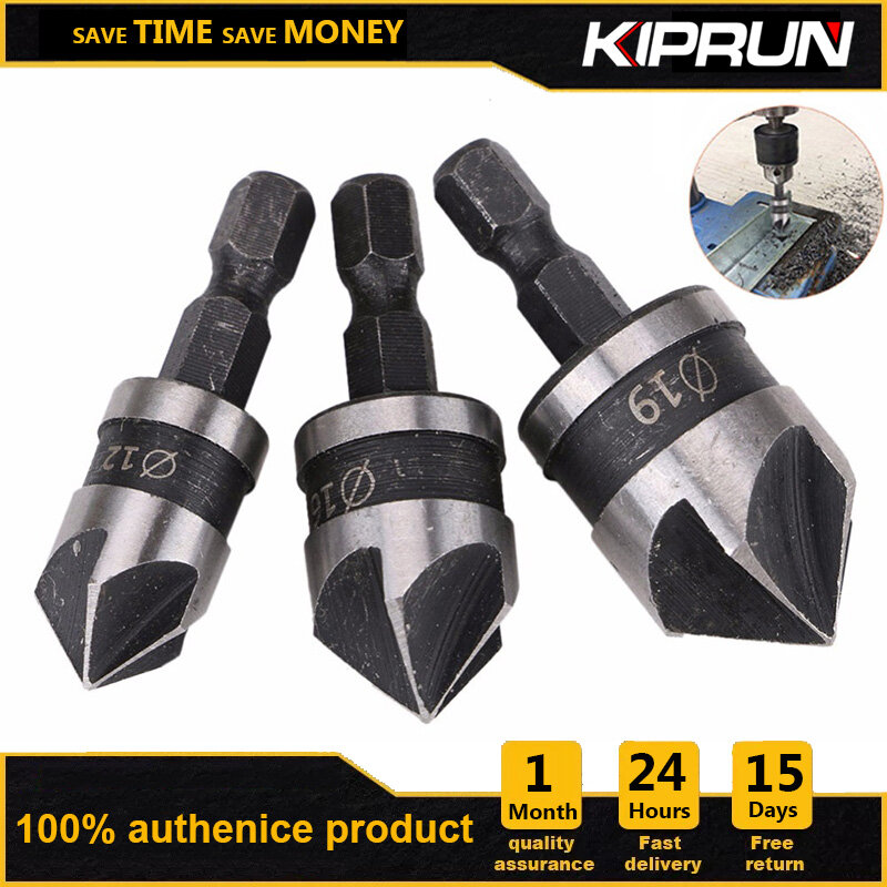 KIPRUN 5pcs/3pcs 5 Flute HSS Countersink Drill Bit Set 90 Degree 1/4inch Shank Counter Sink Metal Chamfering Cutter For Woodwork Power Tools