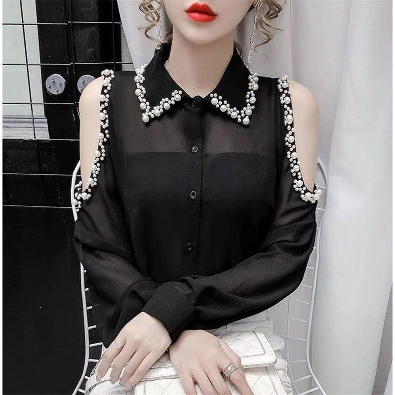 2021 New Spring and Autumn Beaded Off-shoulder Long-sleeved Shirt Female Polo Collar Thin Loose Daily Wear Blouses Top
