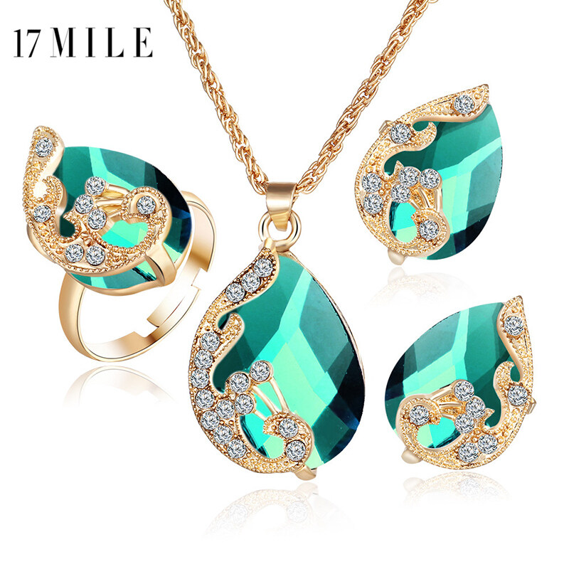 17 Dặm Bộ Trang Sức 5 Màu Sắc Con Công Pha Lê Bộ Trang Sức Vòng Cổ Đám Cưới Cho Cô Dâu Bông Tai Bộ