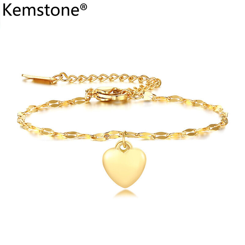 Kemstone INS Style Gold Color Stainless Steel Heart Charm Bracelet Anklet for Women