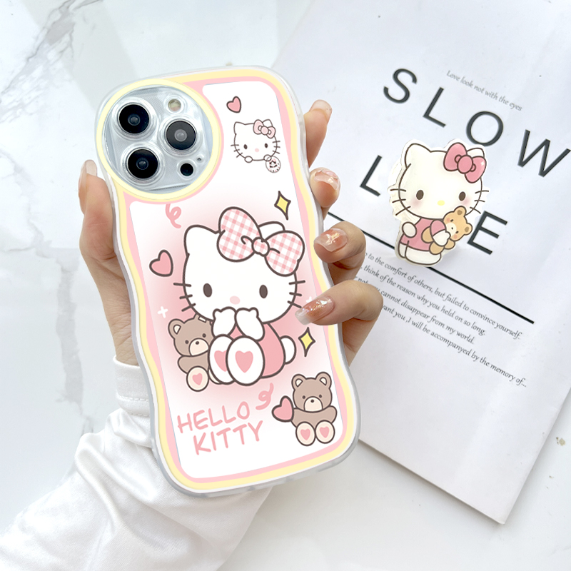 (With Free Holder) Jizetin Phone Casing For Xiaomi Redmi Note 10 Note 10S Note 10 Pro Note 10 5G Note 9 Note 8 Fashion Soft Wavy Phone Case Hello Kity Cat Cartoon Shockproof Cellphone Casing Full Cover Camera Protection