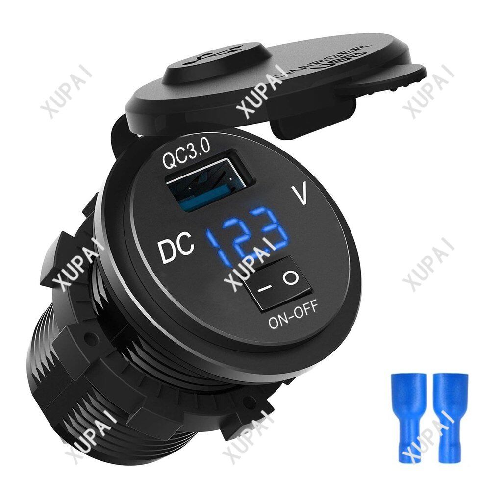 RTO QC 3.0 Motorcycle Boat Car USB Charger Socket LED Voltmeter With ON/OFF Switch Power Socket Adapter/ LED Display Waterproof Output for Car Marine Motorcycle Boat ATV RV Camper