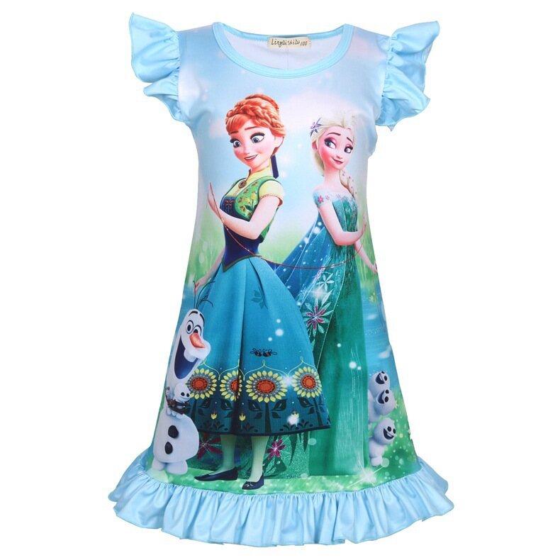 Frozens Anna Elsa Girls Short Sleeve Ruffled Nightdress Cotton A-Line Dress 2020 New Puff Sleeve Cartoon Princess Dress 6605 Pajama Dress Kids Clothing Summer Casual Leisure Wear
