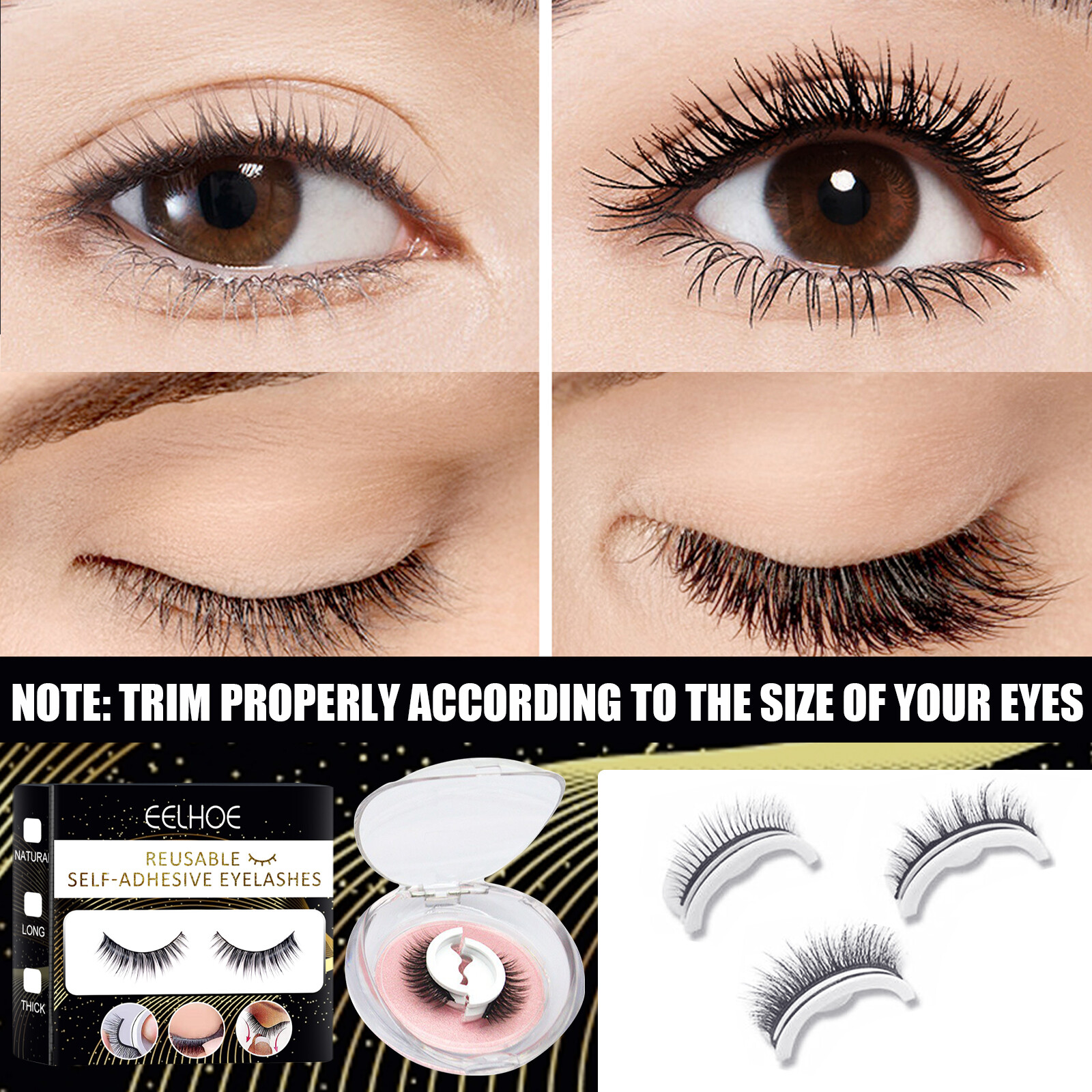 【Hot Sale】Eelhoe Reusable Self-adhesive False Eyelashes Natural  Long Thick Multiple Reversible Self-adhesive Free Glue 3D Fake Eyelashes Professional Non Irritating Comfortable Reusable Cosmetics（1Pair）