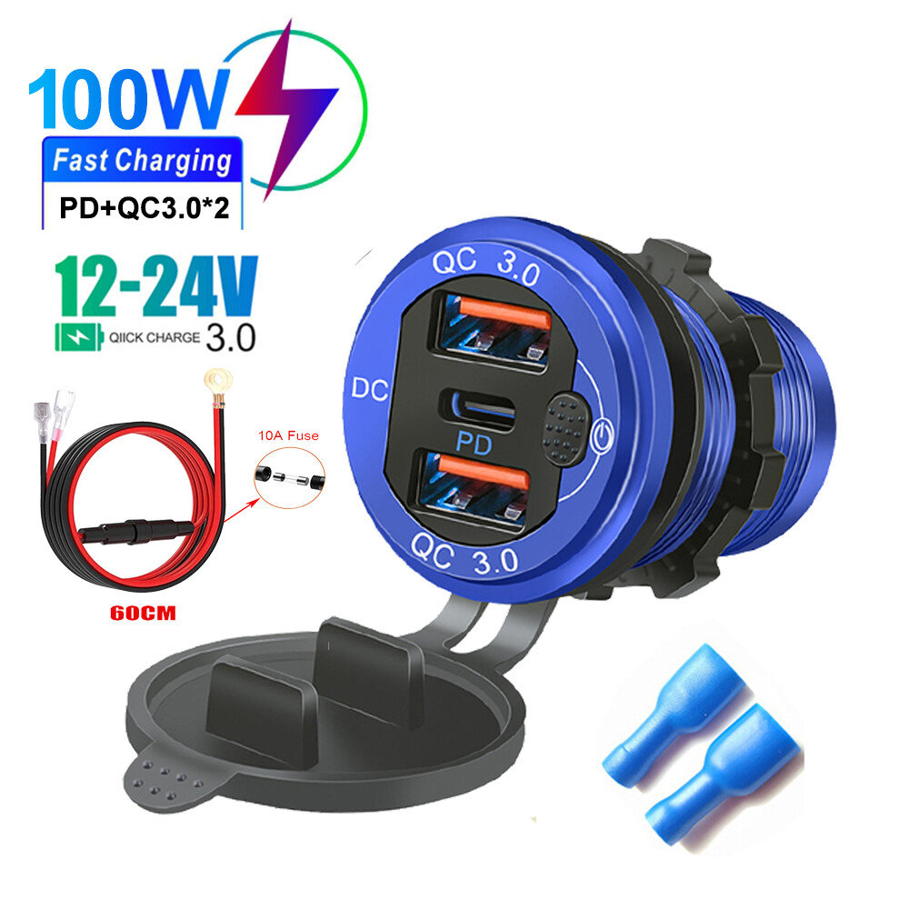 Kebidumei Quick Charge 3.0 Dual USB PD Car phone Charger Fast Charge Socket Aluminum With Wire Switch Button for 12V 24V Car Boat Marine