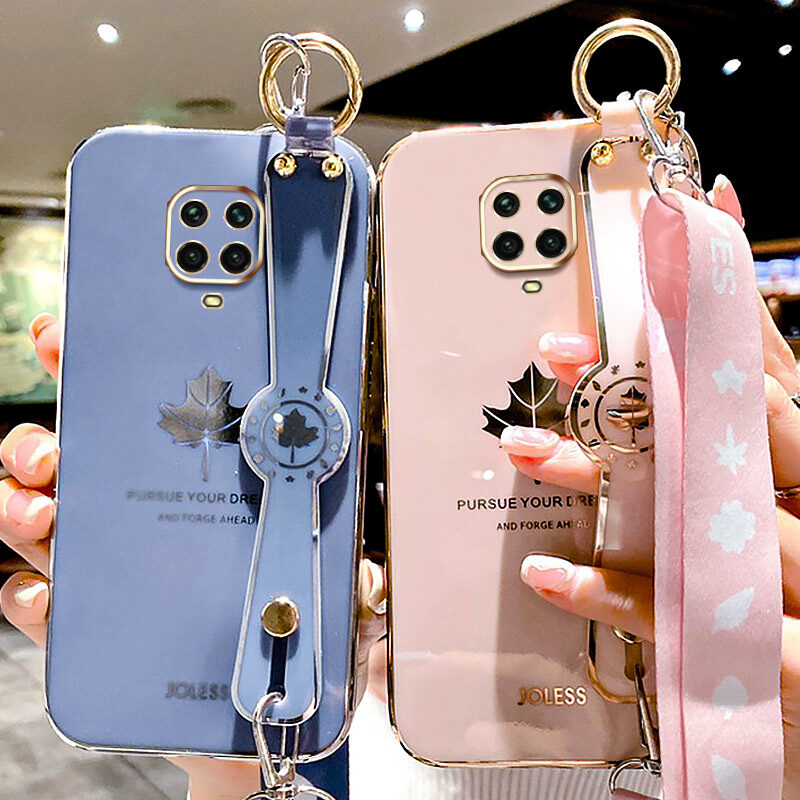 Ybd dây đeo cổ tay chủ vỏ điện thoại cho Xiaomi Redmi Note 9S 10 Lite Note 9 Pro Max mạ vỏ Lưu ý 9 Pro chính xác máy ảnh bảo vệ trường hợp Maple hoa văn hình lá bìa với dây đeo miễn phí