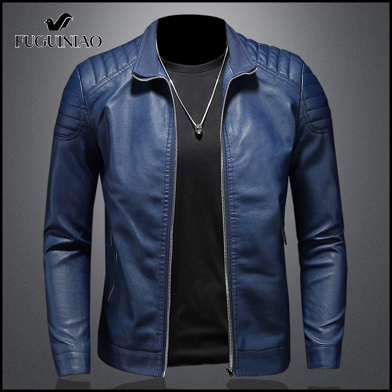 Fuguiniao Men Leather Baseball Jackets Coats Pu Faux Leather Slim Fit Zipper Casual College Leather Coat Overzise M-4XL