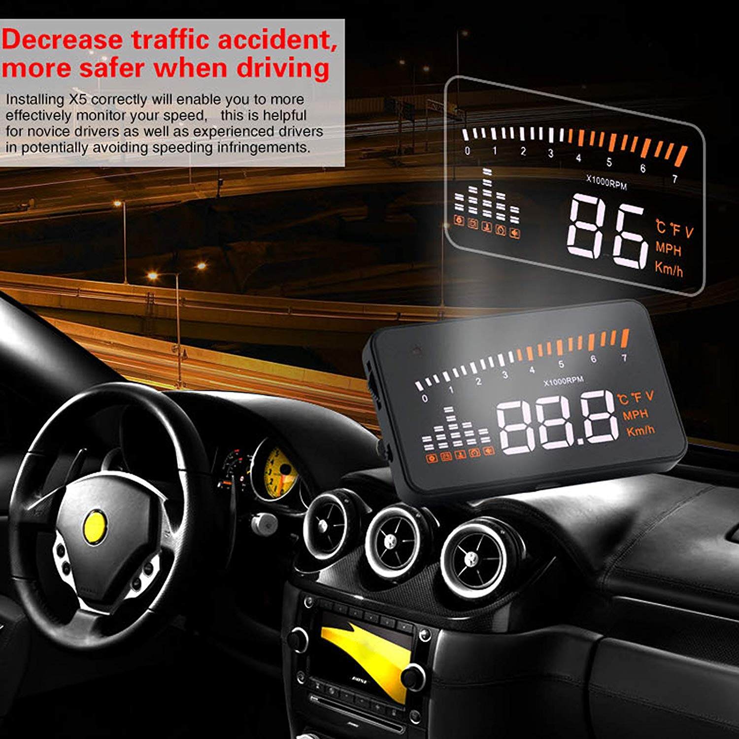 Jpk【hàng có sẵn】 X5 xe Màn hình hiển thị trên kính chắn gió HUD OBD II EOBD tự động kết hợp hệ thống cảnh báo quá tốc độ máy chiếu kính chắn gió Điện áp ô tô cảnh báo tốc độ