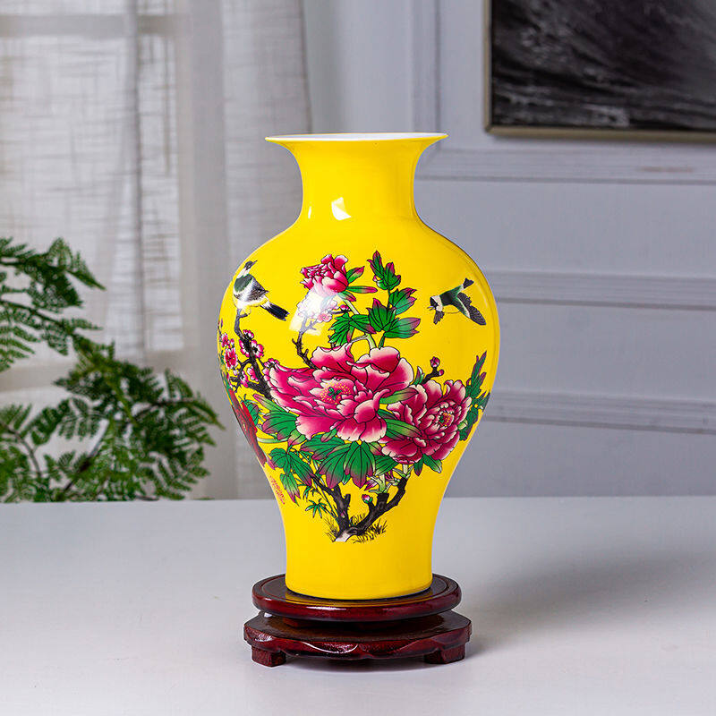 23CM Ceramic Vase With Wooden Base Ornaments Home Decorations Furnishings Flower Arrangement Home Crafts Modern