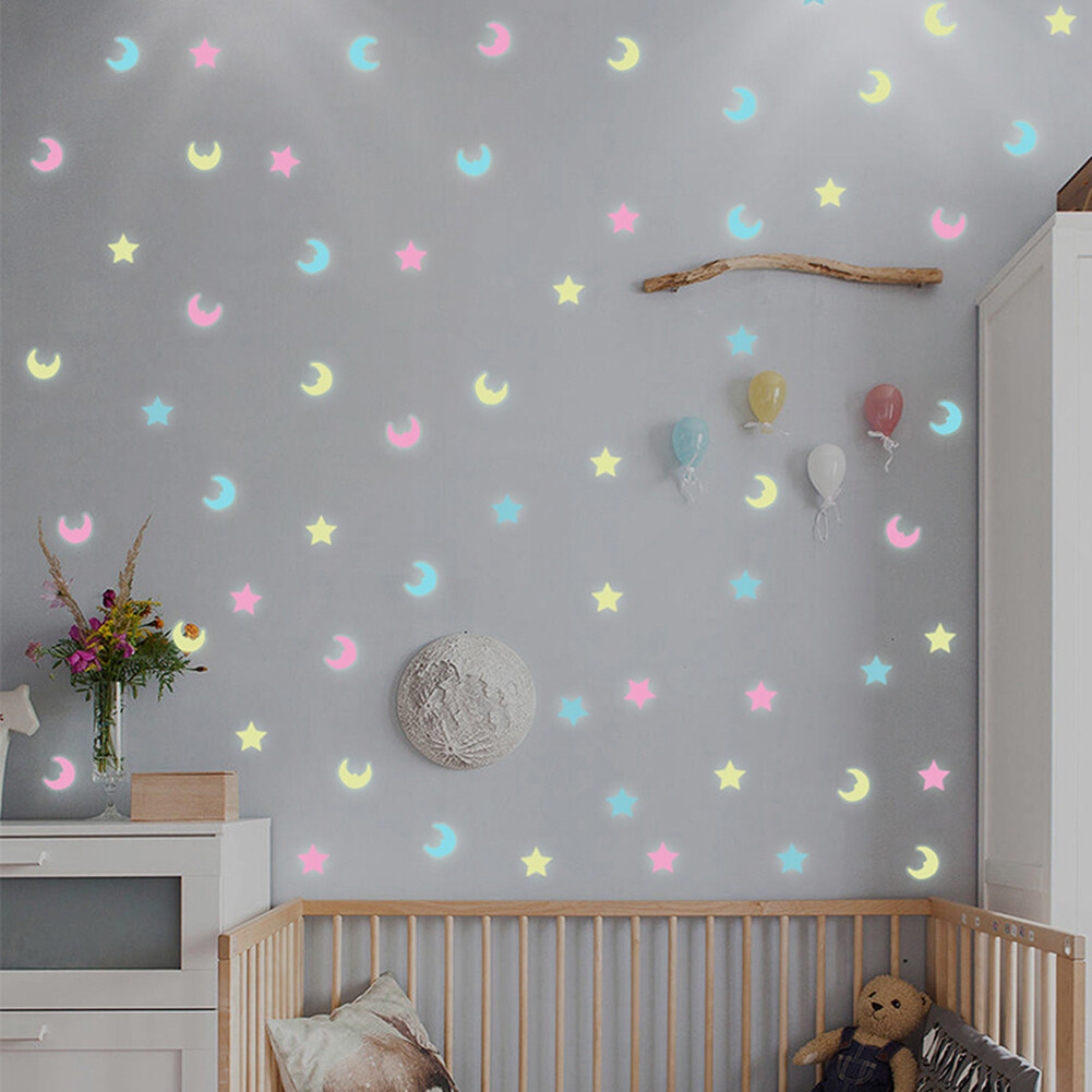 100Pcs Luminous Glow in Dark Star Moon Wall Sticker Home Bedroom Kids Room Decor