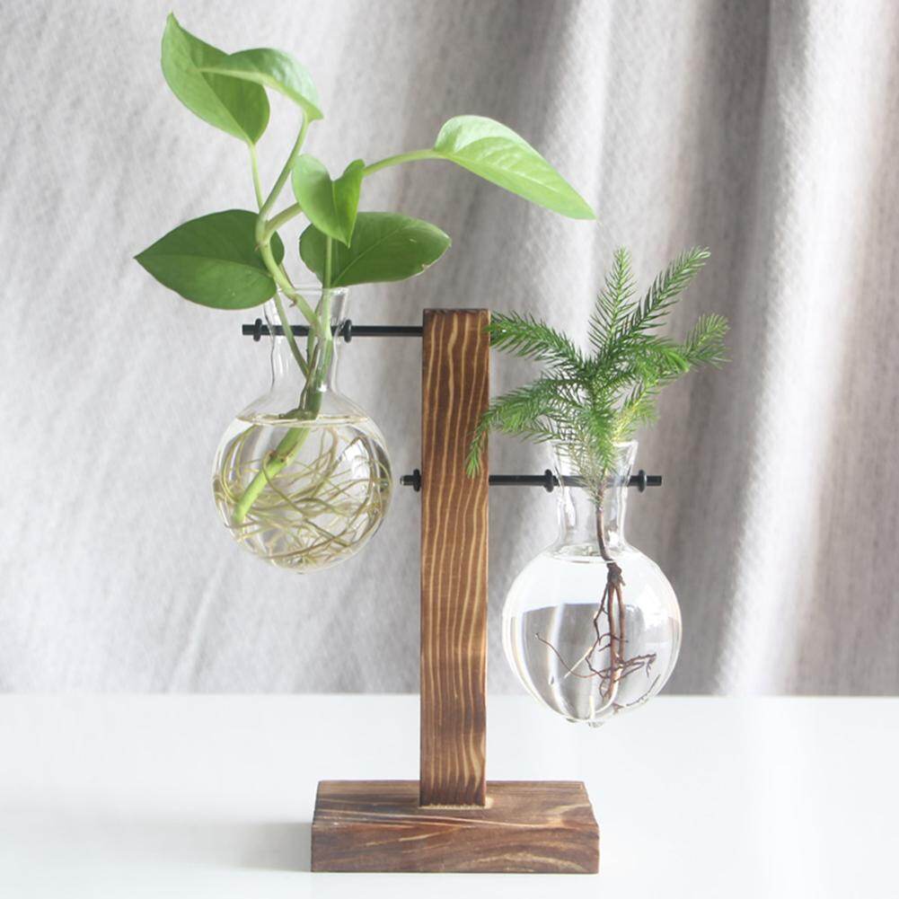 Vintage Glass Plant Bonsai Flower Vase Wood Tray Flower Rack Desktop Decor