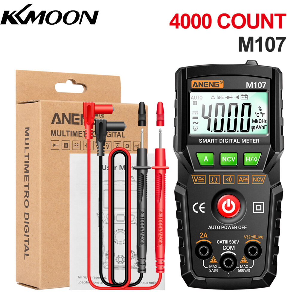 KKmoon ANENG M107 Smart Digital Multimeter 4000 Counts NCV Universal Meter Handheld Multifunctional Tester Voltmeter Ammeter with Backlight Flashlight AC/DC Voltage & Current Resistance Measurement Zero Fire Wire Detection