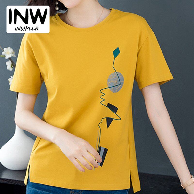 INWPLLR Fashion Women Tops Plus Size Women T-shirt Cotton Short Sleeve Tshirt Korea O-neck Tshirt Print T-shirts For Lady