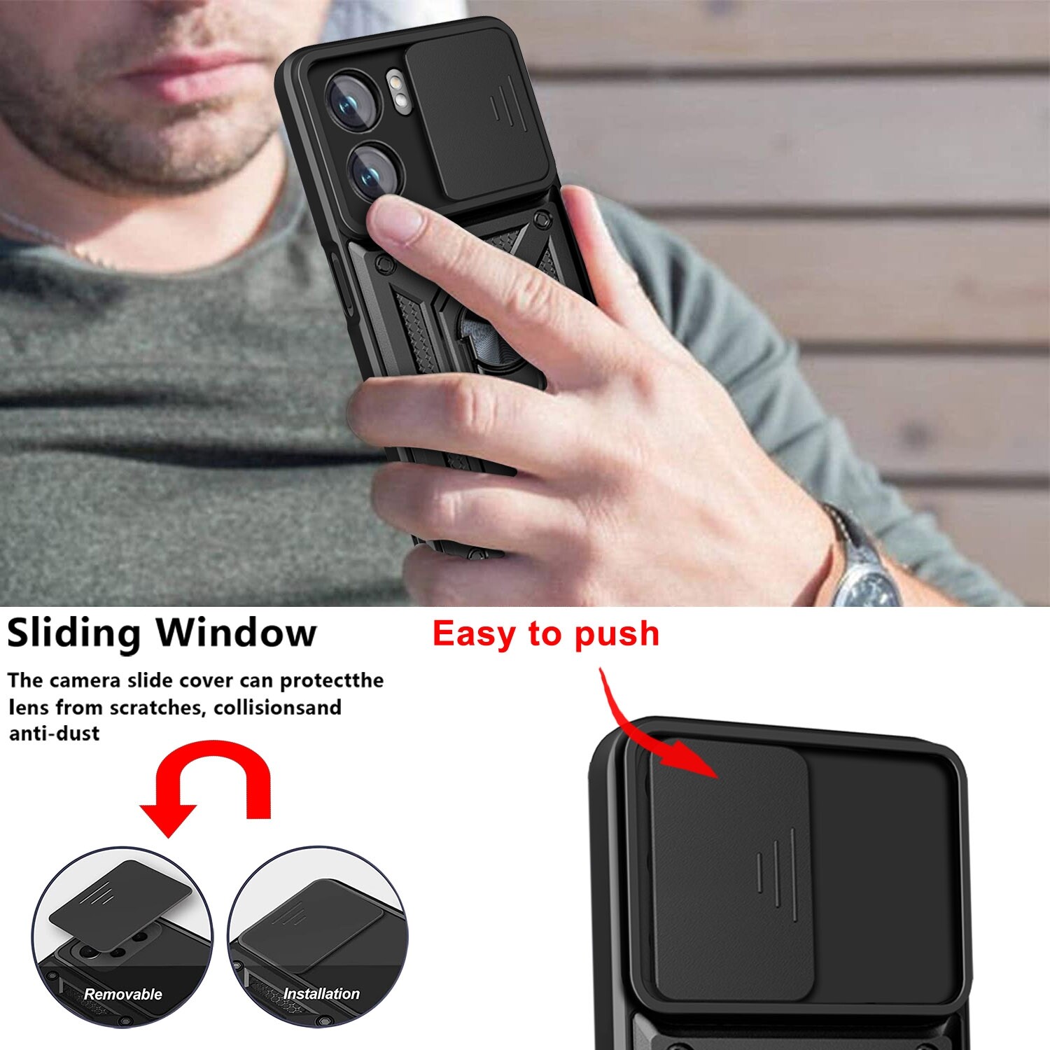For OPPO A77/A57 Sliding Camera Design TPU + PC Phone Case(Black)