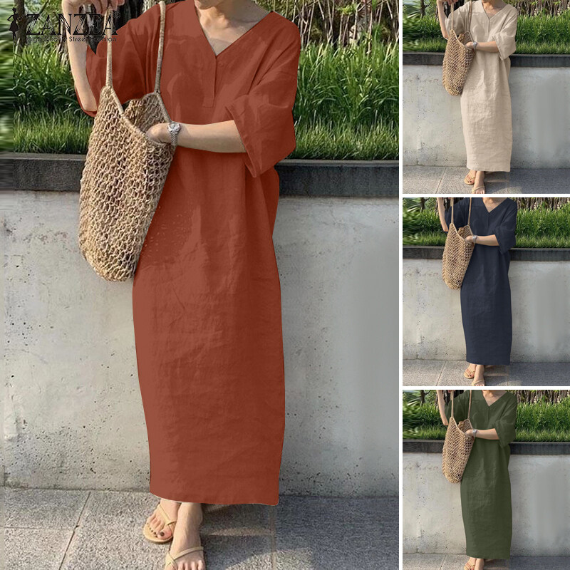 ZANZEA Đầm Dài Cotton Màu Trơn Cổ Chữ V Tay 3/4 Đơn Giản Cho Nữ Áo Kaftan Đầm Xòe Rộng #8