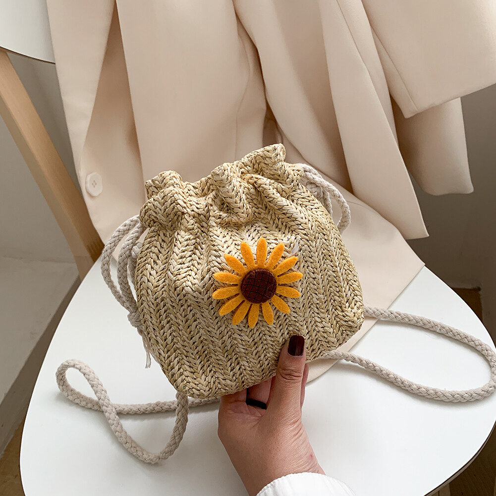 Fashion Women Straw bags Tiny bag Bucket Shoulder Bags Flower Drawstring Summer Beach Holiday Woven bags Crossbody Pouch