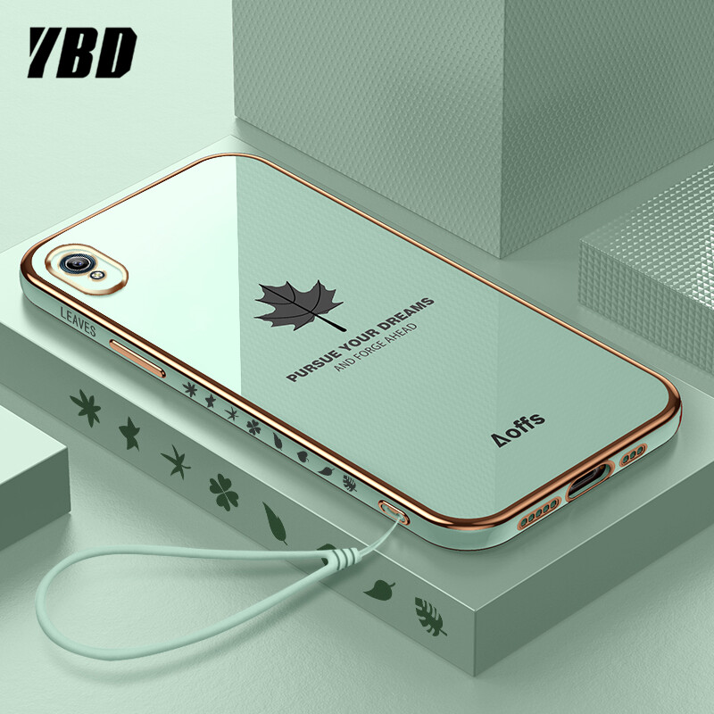 YBD Straight Edge Plating Phone case For Vivo Y91C Y1S Y91i Y90 casing,Precise Camera Protection case Maple leaf pattern cover with Free lanyard