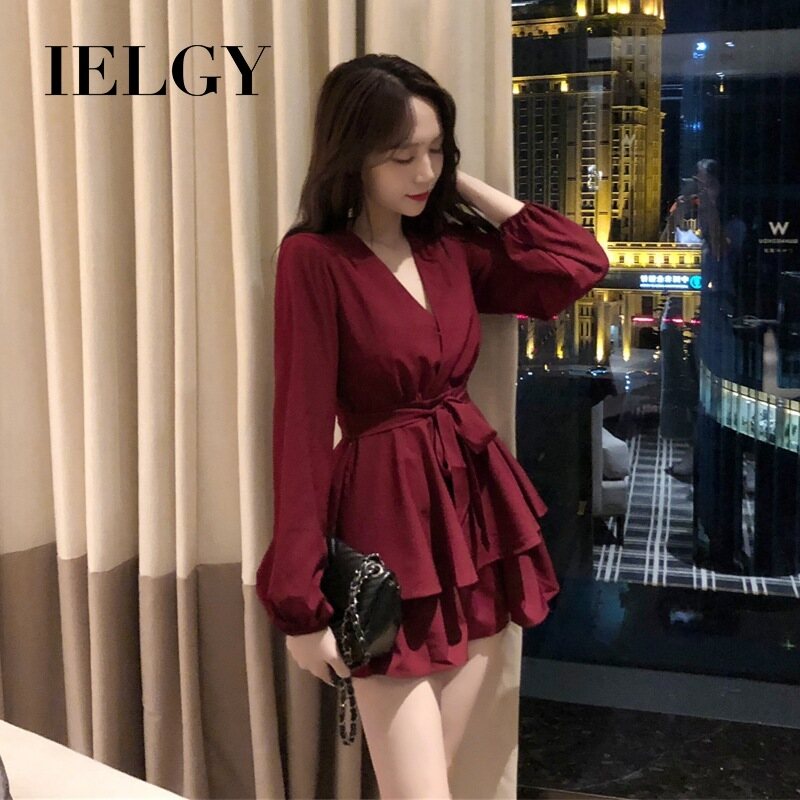 IELGY Women's Loose High Waist Cross V-neck Long Sleeve Strap Dress Solid Color Thin A-line Short Skirt Women
