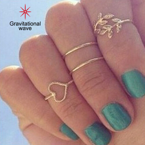 Gravitational wave 4Pcs/Set Rhinestone Leaf Heart Above Knuckle Midi Stack Ring Boho Party Jewelry