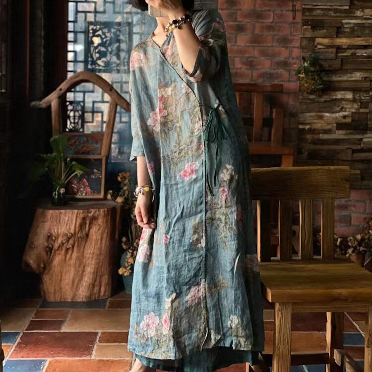 Women Summer Vintage Flower 100 Ramie V Neck Dress main image 0