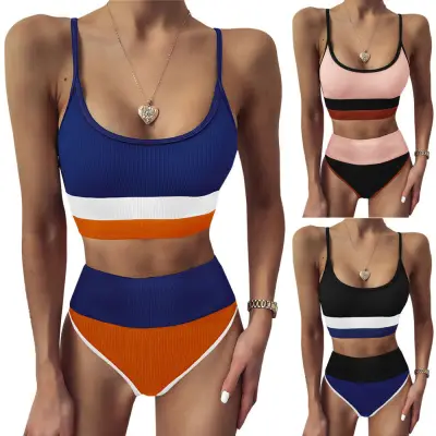 Ghobfpe Women Swimsuit High Waisted Bikini Set Sports Color Block Bathing Suit Split