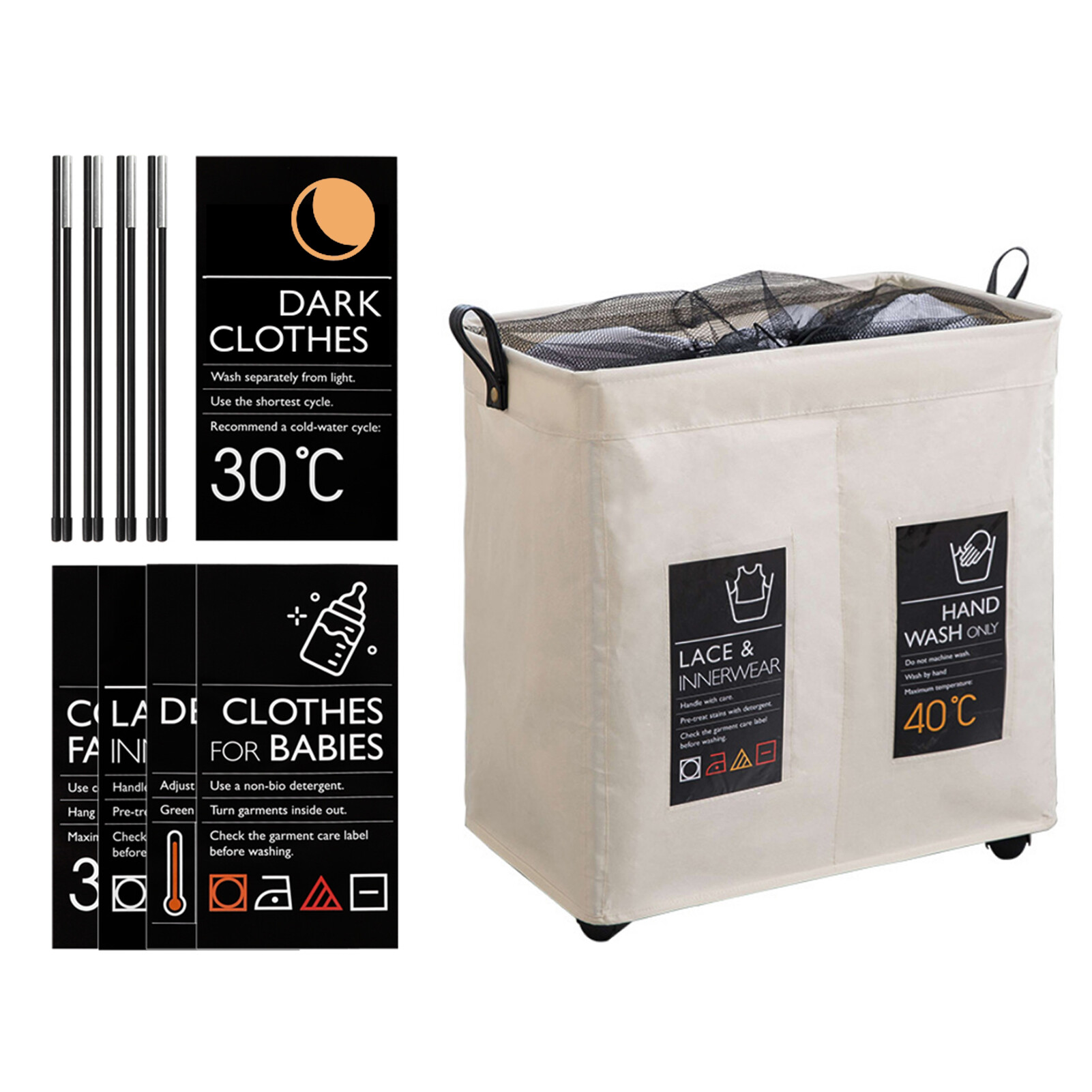 Rolling Slim Laundry Basket 2 Compartments with Universal Wheels and Handle Foldable Oxford Cloth Laundry Hamper Mesh Drawstring Dirty Clothes Organizer with 4 Support Rods 6 Sort Cards