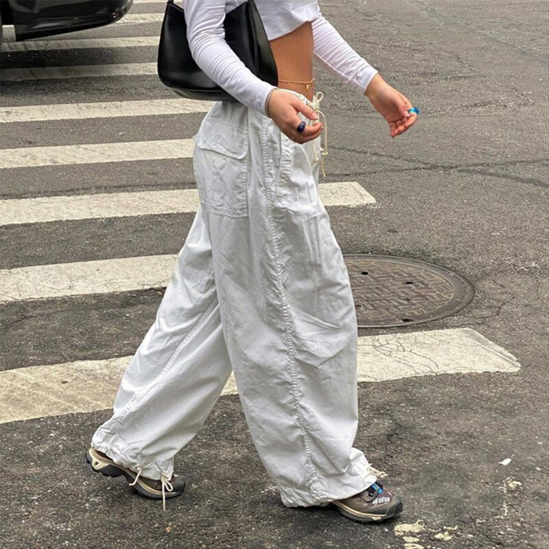 Simon Casual Baggy Wide Leg Sweatpants White Loose Drawstring Low