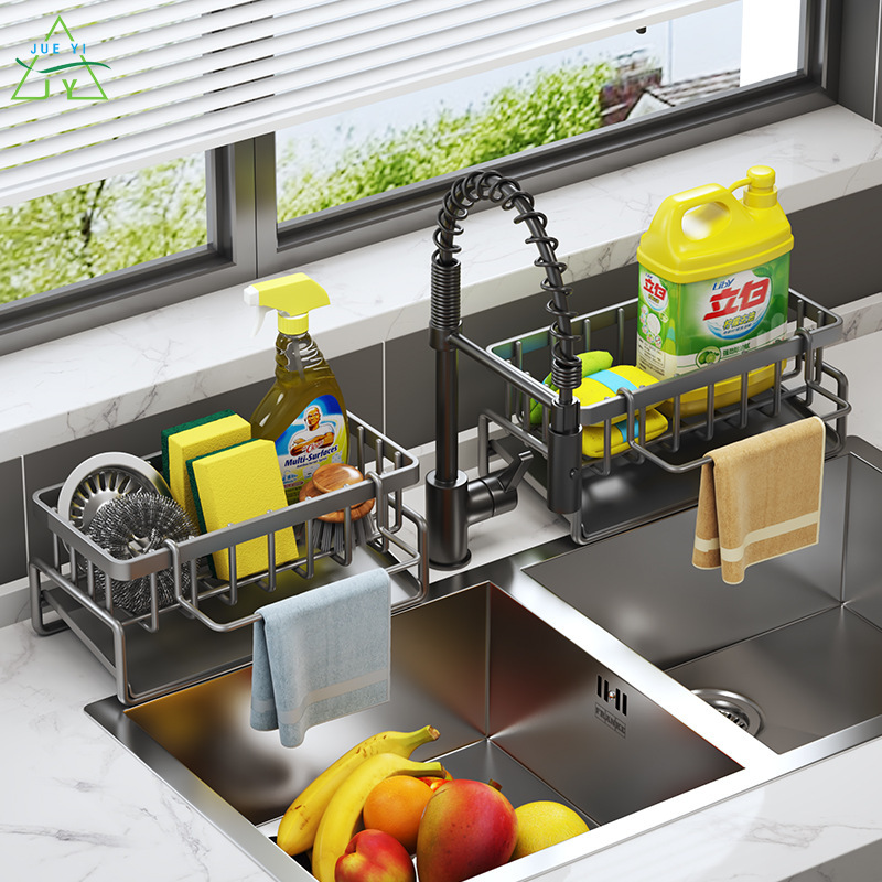 KS 🍳Kệ đựng đồ rửa chén bát chia ngăn có khay hứng nước nghiêng kèm miếng dán tường Giá đỡ gạt nước giá đỡ bếp Bồn Rửa cho gia đình lưới ráo nước đồ tạo tác đựng chất tẩy rửa bọt biển đa năng bàn