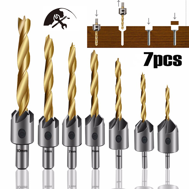 [Ready stock] KIPRUN 7Pcs  Flute Countersink Drills Bits countersunk head drilling Bit Set 3 Tips Woodworking drill 34567810mm