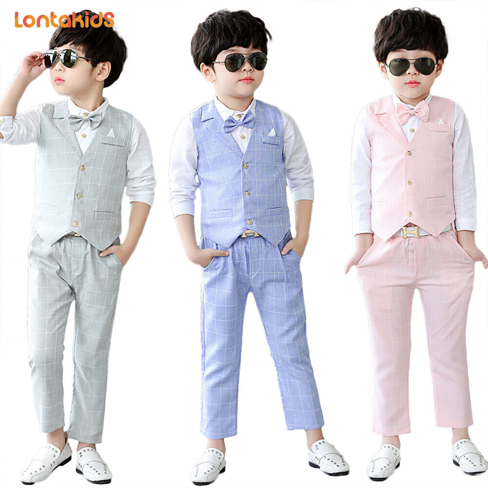 lontakids Boys Light-colored Japanese Style Plaid Gentleman Set Kids Baby Formal Wear Children's Tuxedo Gentleman Suits (Shirt+Vest+Pants+Bowtie) for Wedding Party Birthday Party