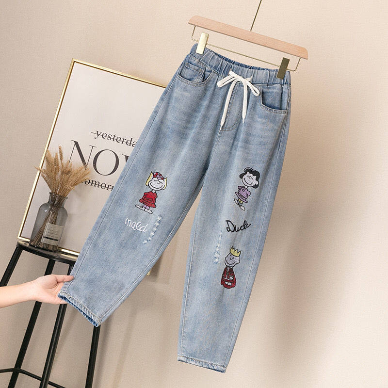 Women's embroidered jeans loose straight elastic waist college style retro literature and art high waist trousers spring and autumn cropped trousers