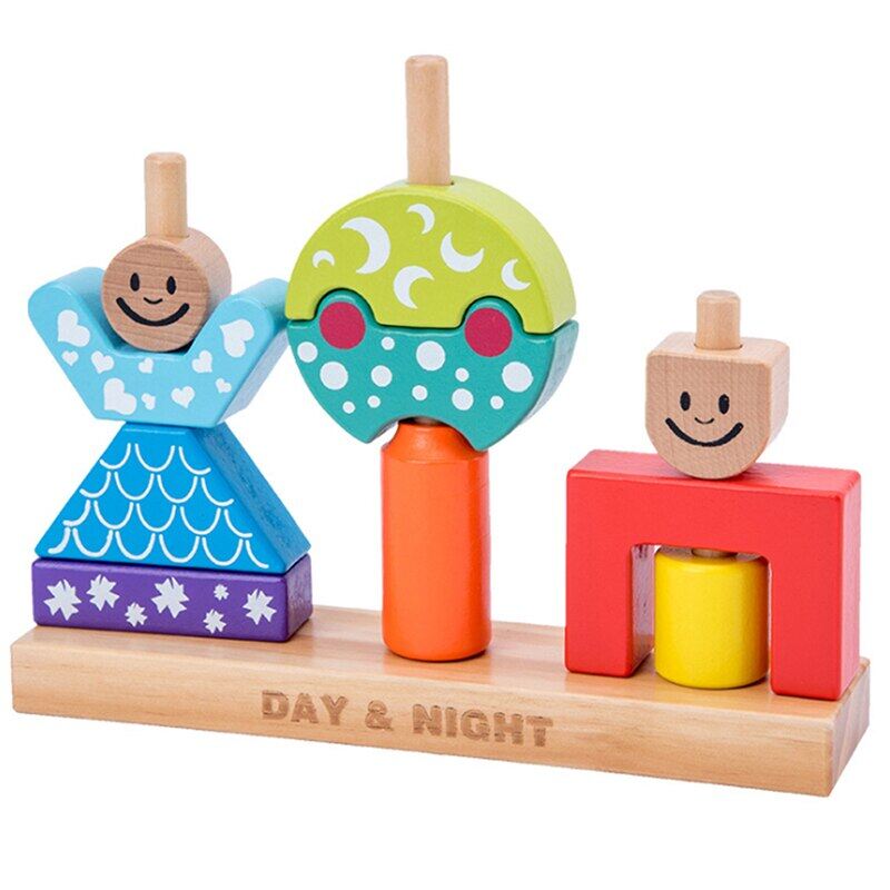 Educational Wooden Toy Sun & Moon Day & Night Pillar Blocks Early Learning Kids Birthday Christmas Gift
