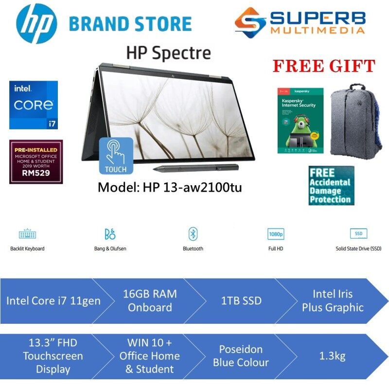 HP Spectre x360 Convertible 13-aw2100TU Laptop (Intel Core i7 11gen, 16gb ram, 1tb ssd, 13.3 FHD, win10, OPI) Malaysia