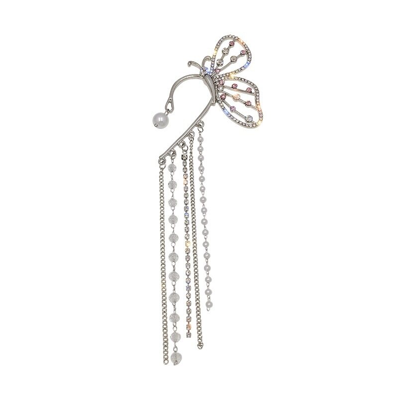 Elegant Crystal Butterfly Clip Earring Shiny Rhinestone Pearl No Piercing Long Tassel Earring Hollow Ear Cuff Jewelry